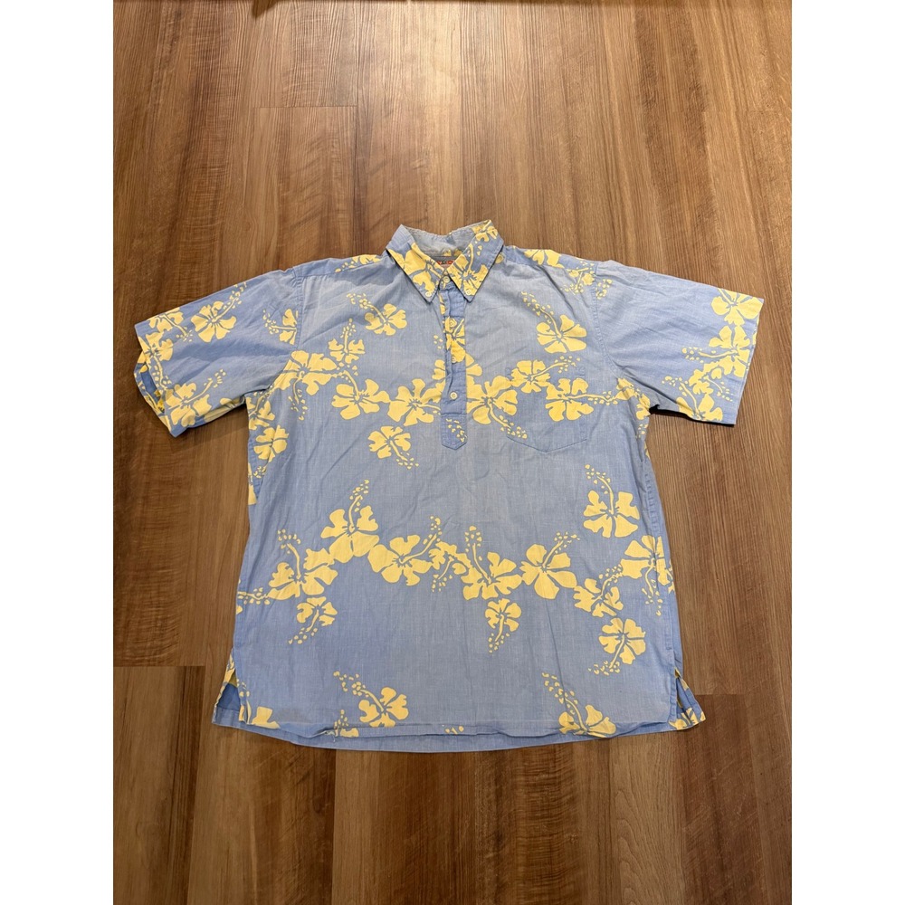 Reyn Spooner Hawaiian Shirt Mens Large Blue Yellow Hibiscus Floral Pullover